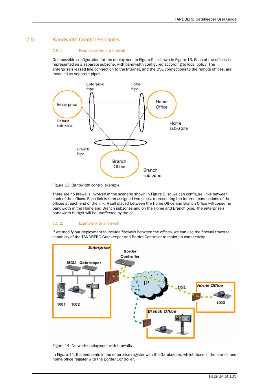Bandwidth control examples, Example without a firewall, Example with a firewall | TANDBERG Gatekeeper User Manual | Page 34 / 105