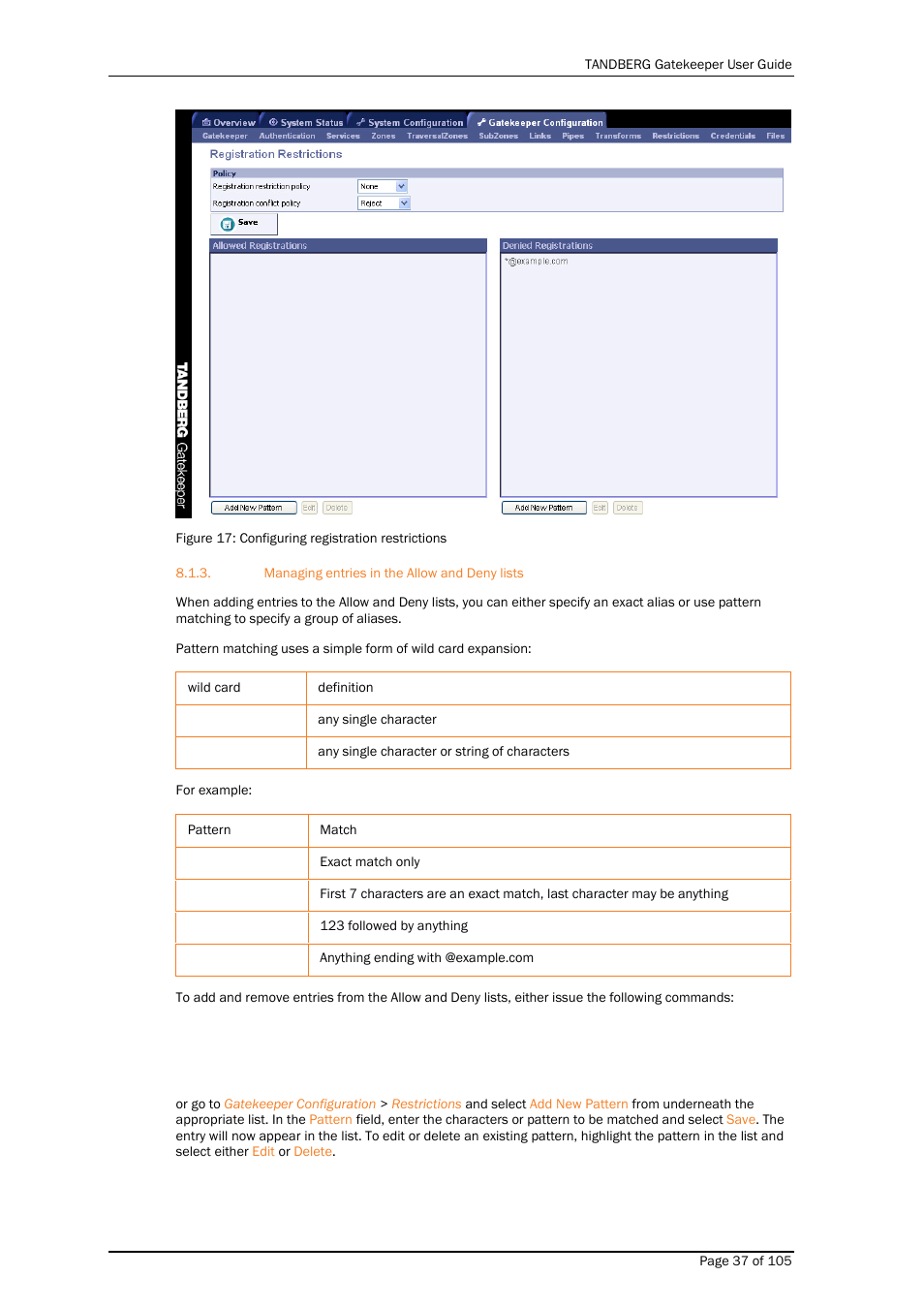 Managing entries in the allow and deny lists | TANDBERG Gatekeeper User Manual | Page 37 / 105