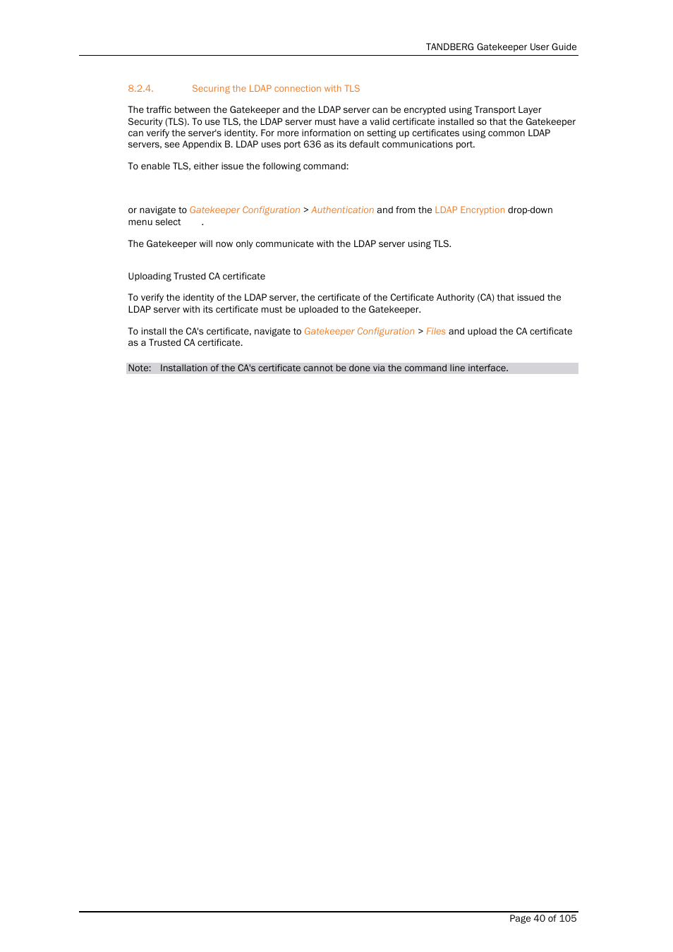 Securing the ldap connection with tls | TANDBERG Gatekeeper User Manual | Page 40 / 105