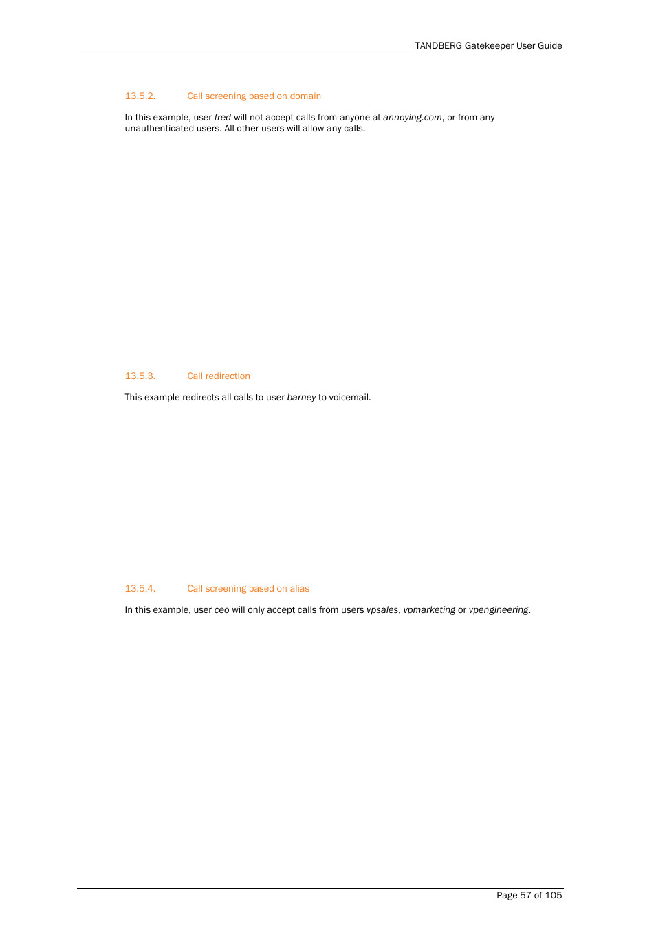 Call screening based on domain, Call redirection, Call screening based on alias | TANDBERG Gatekeeper User Manual | Page 57 / 105