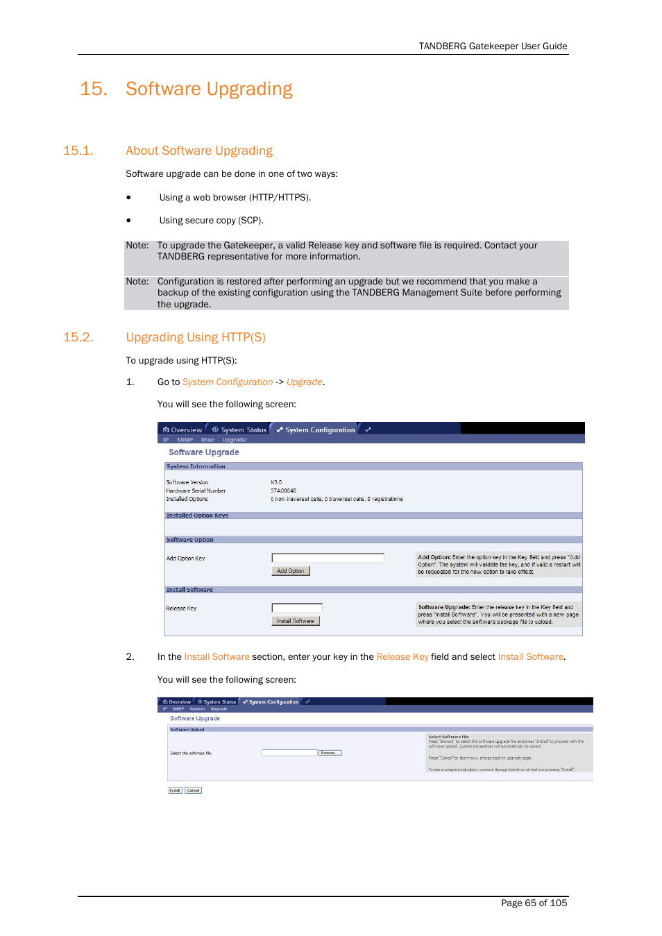 Software upgrading, About software upgrading, Upgrading using http(s) | TANDBERG Gatekeeper User Manual | Page 65 / 105