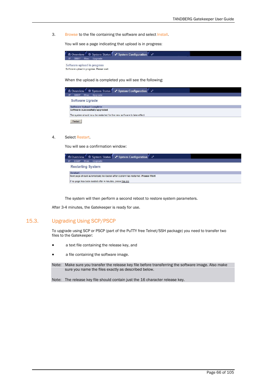 Upgrading using scp/pscp | TANDBERG Gatekeeper User Manual | Page 66 / 105