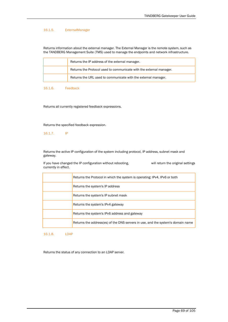 Externalmanager, Feedback, Ldap | TANDBERG Gatekeeper User Manual | Page 69 / 105
