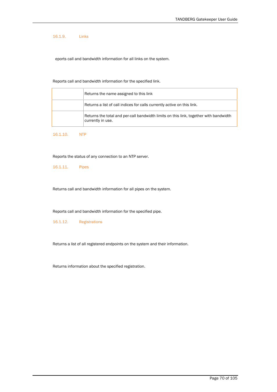 Links, Pipes, Registrations | TANDBERG Gatekeeper User Manual | Page 70 / 105