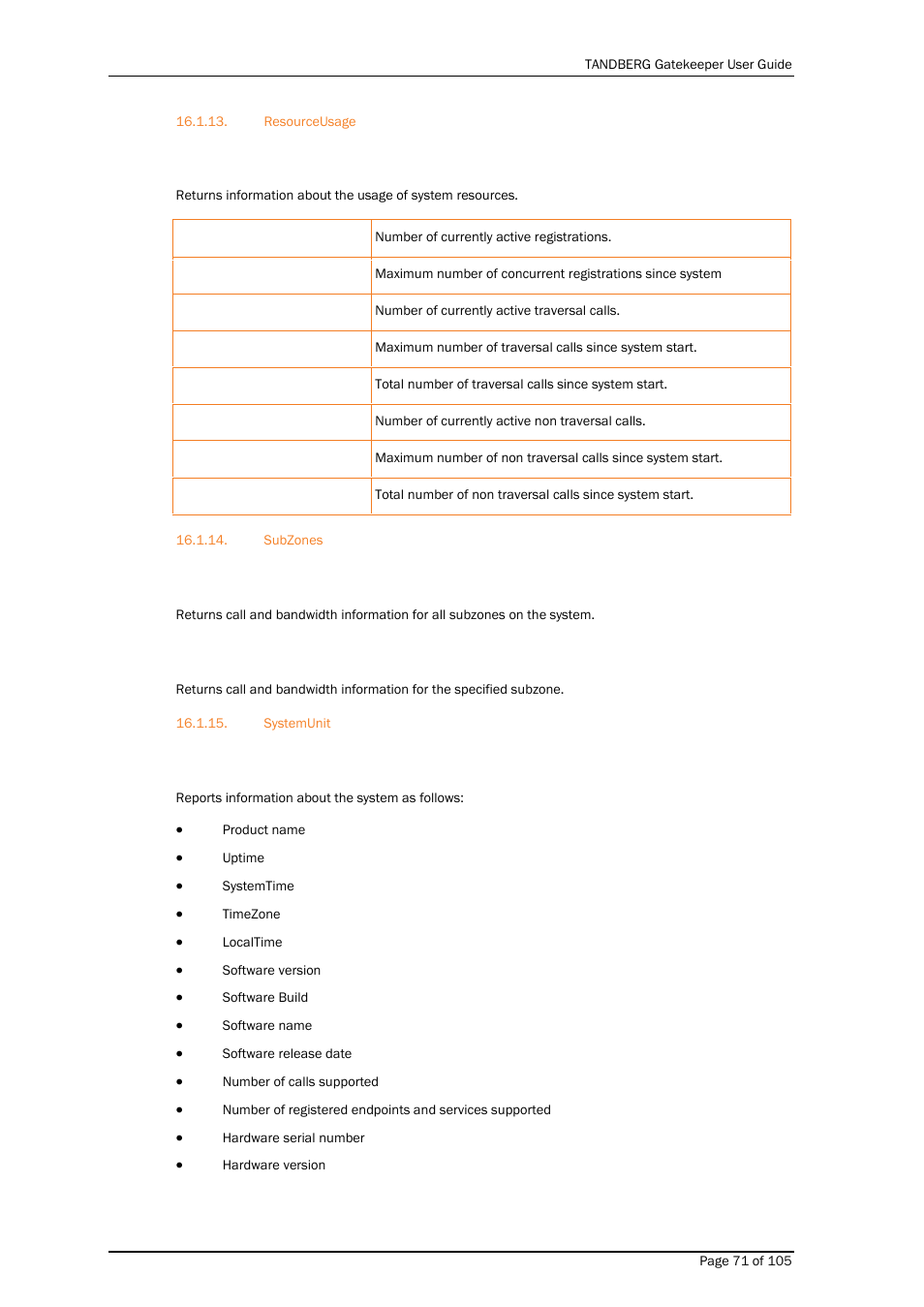 Resourceusage, Subzones, Systemunit | TANDBERG Gatekeeper User Manual | Page 71 / 105