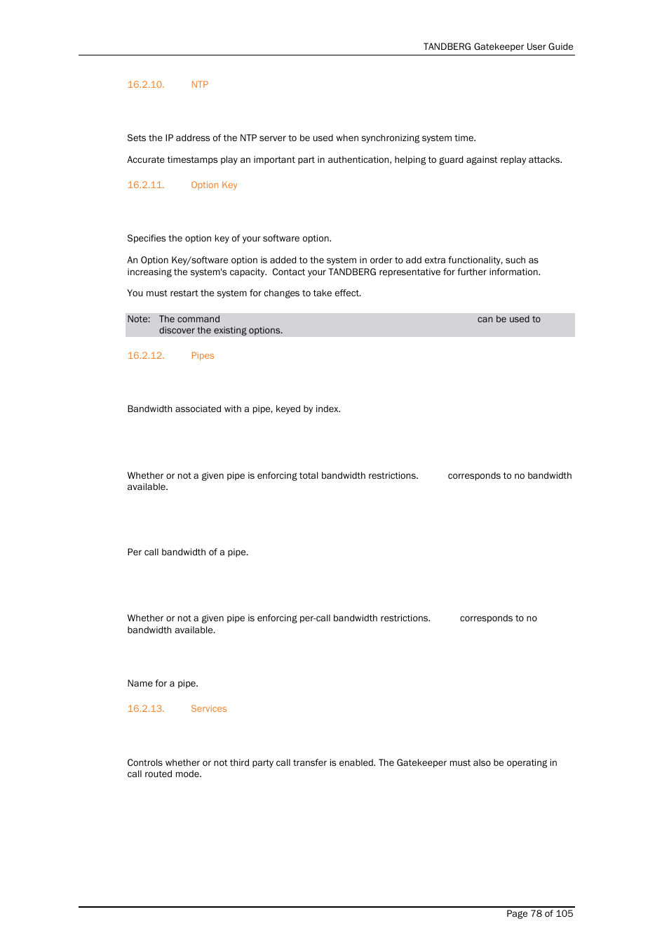 Option key, Pipes, Services | TANDBERG Gatekeeper User Manual | Page 78 / 105