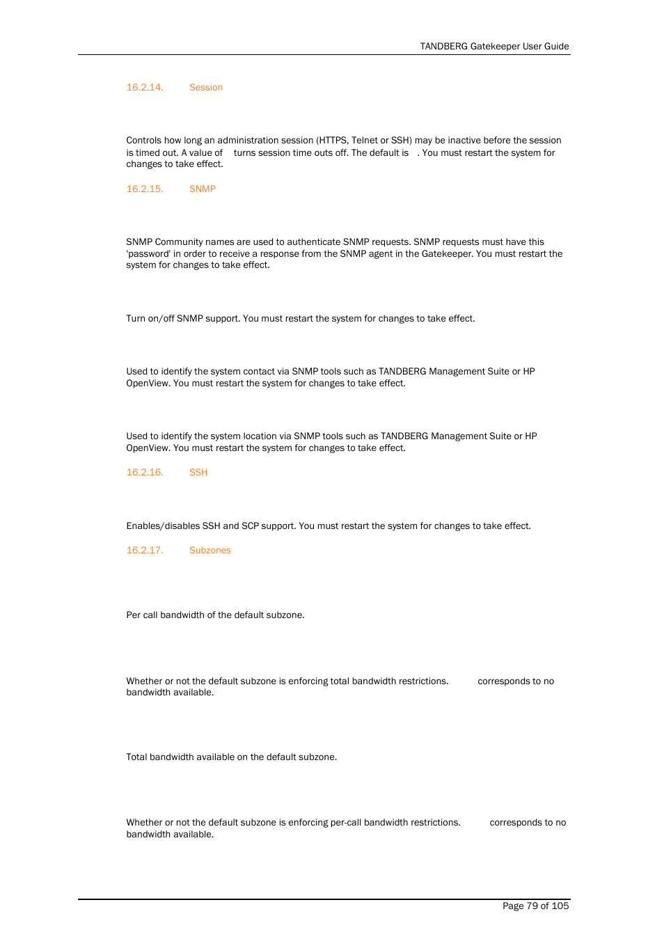 Session, Snmp, Subzones | TANDBERG Gatekeeper User Manual | Page 79 / 105