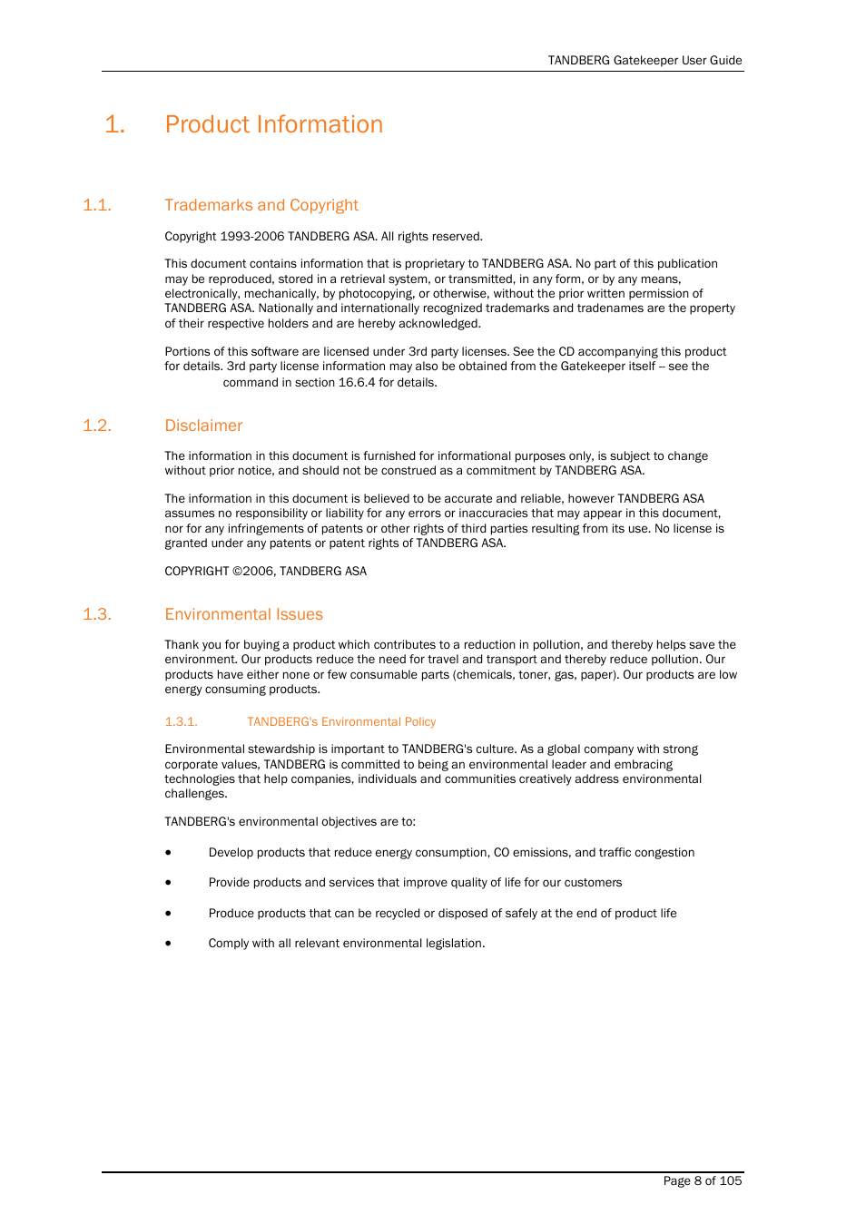 Trademarks and copyright, Disclaimer, Environmental issues | Tandberg's environmental policy, Product information | TANDBERG Gatekeeper User Manual | Page 8 / 105