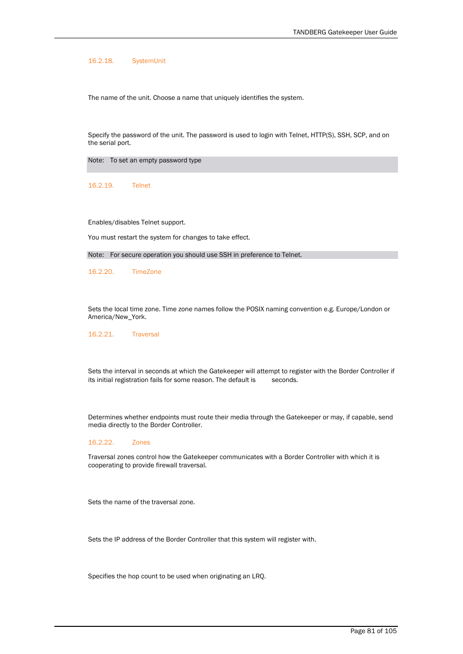 Systemunit, Telnet, Timezone | Traversal, Zones | TANDBERG Gatekeeper User Manual | Page 81 / 105