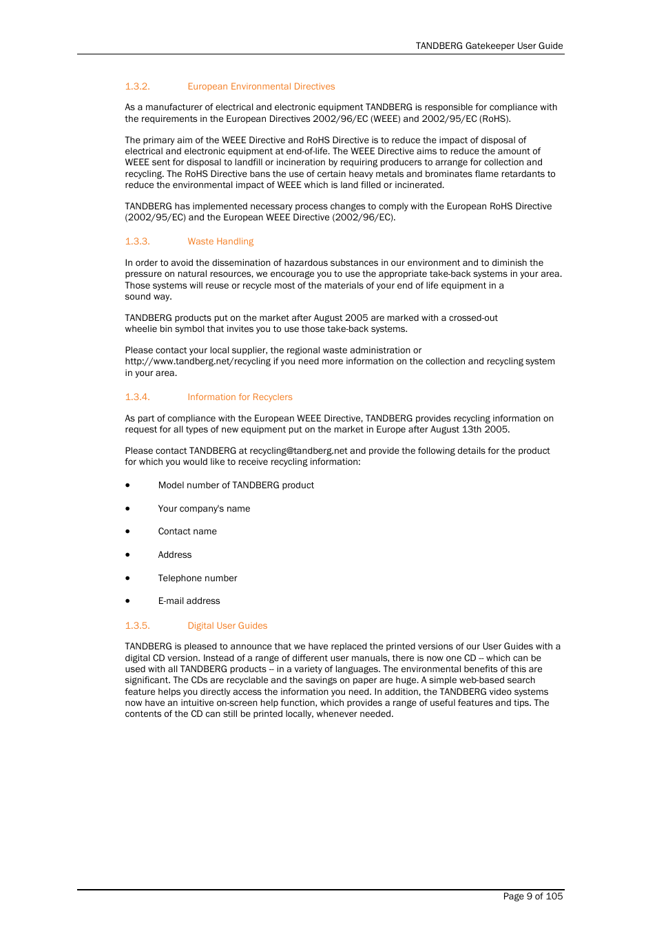 European environmental directives, Waste handling, Information for recyclers | Digital user guides | TANDBERG Gatekeeper User Manual | Page 9 / 105