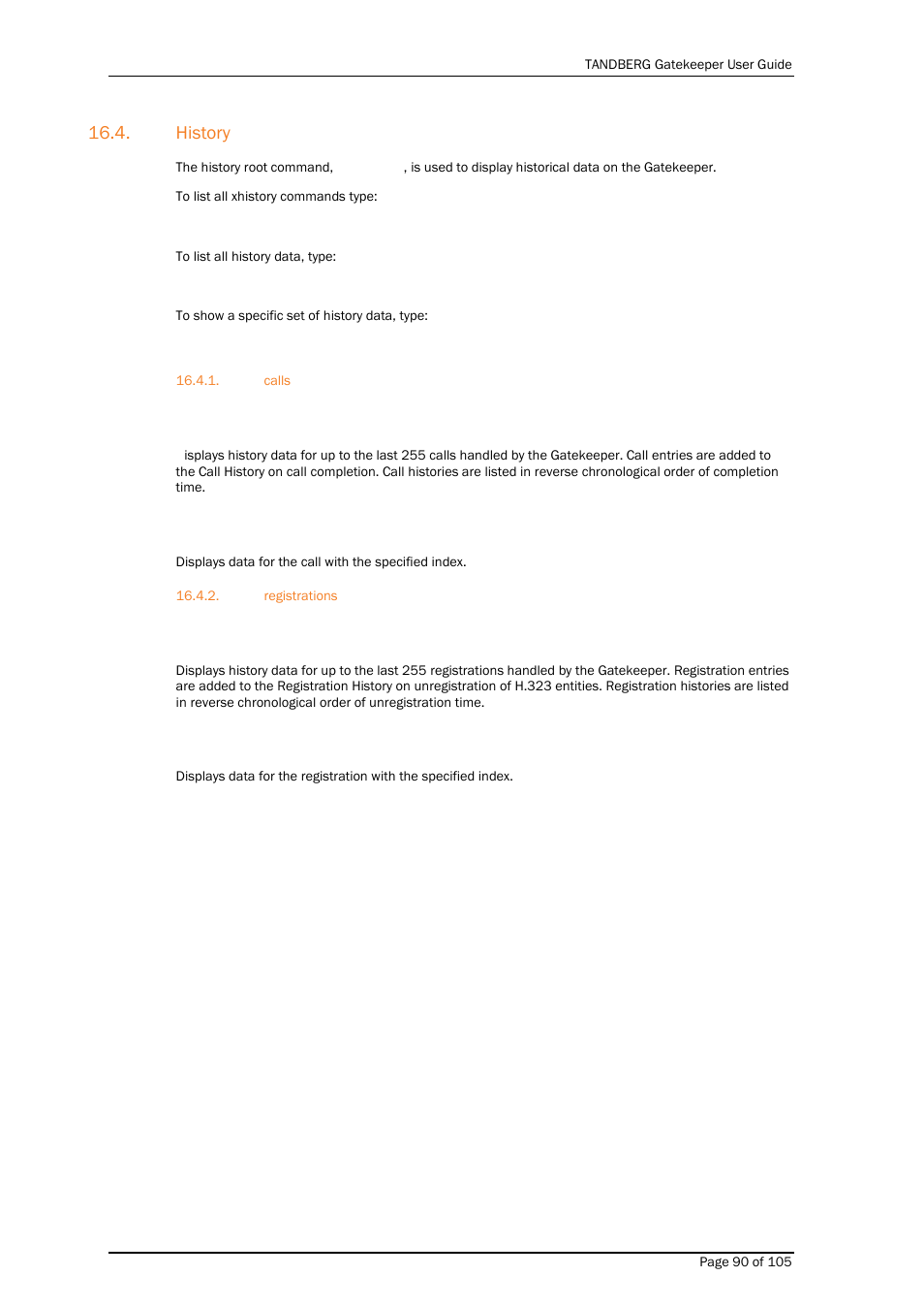 History, Calls, Registrations | TANDBERG Gatekeeper User Manual | Page 90 / 105