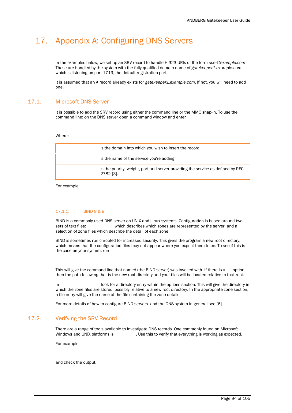 Appendix a: configuring dns servers, Microsoft dns server, Bind 8 & 9 | Verifying the srv record | TANDBERG Gatekeeper User Manual | Page 94 / 105