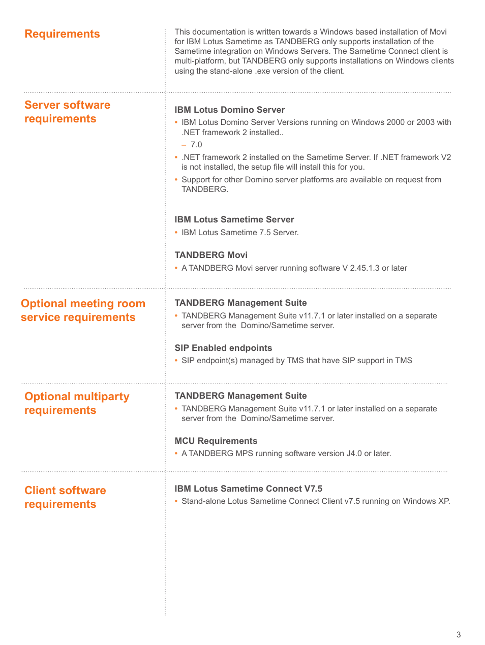Requirements 3, Server software requirements 3, Optional meeting room service requirements | Optional multiparty requirements, Client software requirements 3 | TANDBERG D4068 User Manual | Page 3 / 19