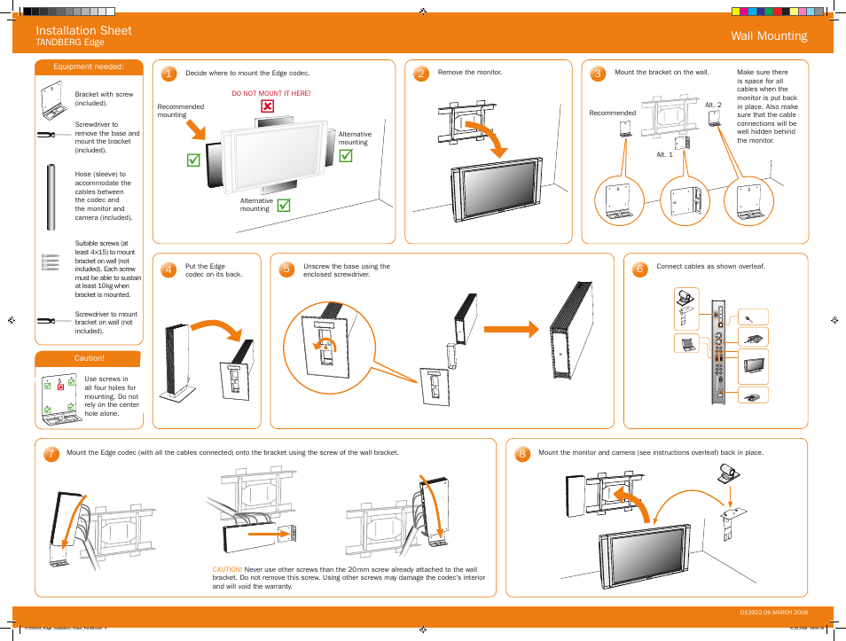 Installation sheet, Wall mounting | TANDBERG Edge D13922.06 User Manual | Page 2 / 2