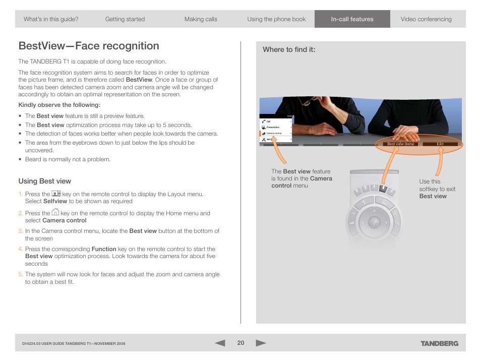 Best view—face recognition, Using best view, Where to find it | Using best view where to find it, Bestview—face recognition | TANDBERG T1 User Manual | Page 20 / 25