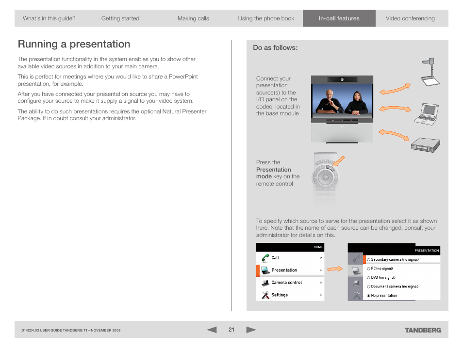 Running a presentation | TANDBERG T1 User Manual | Page 21 / 25
