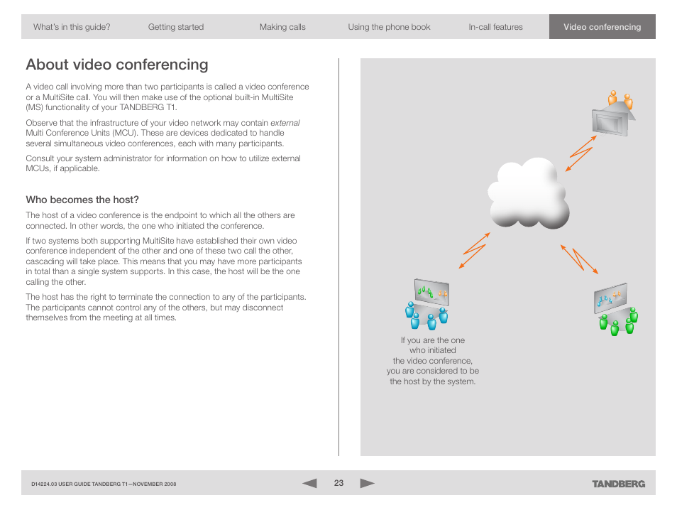About video conferencing, Who becomes the host | TANDBERG T1 User Manual | Page 23 / 25