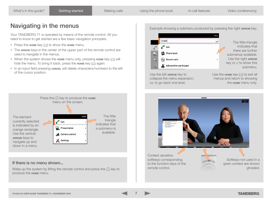 Navigating in the menus, If there is no menu shown | TANDBERG T1 User Manual | Page 7 / 25