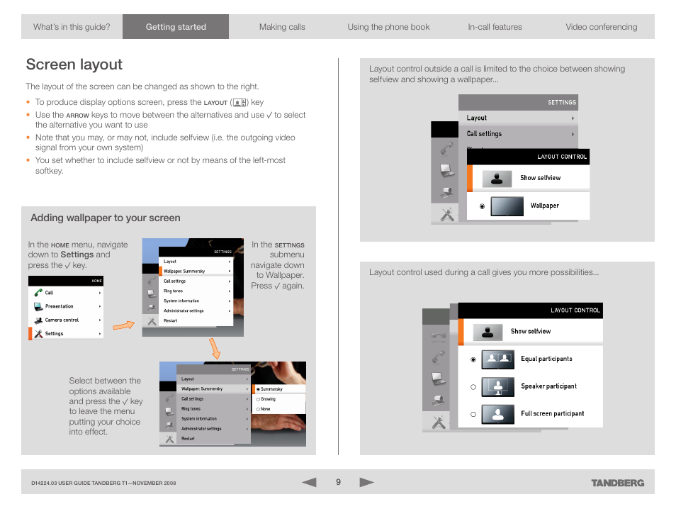 Screen layout, Adding wallpaper to your screen | TANDBERG T1 User Manual | Page 9 / 25