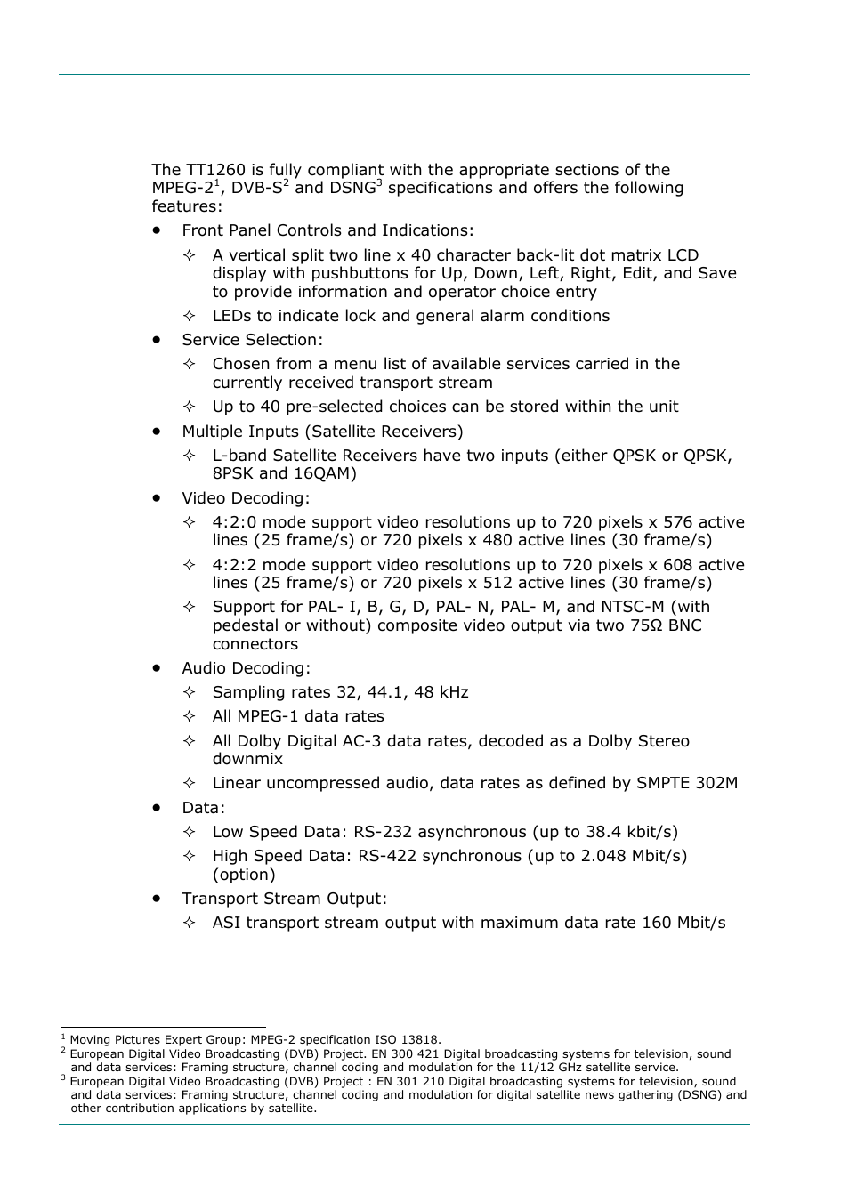 Summary of features, Main features, 2 summary of features | 1 main features | TANDBERG TT1260 User Manual | Page 14 / 158