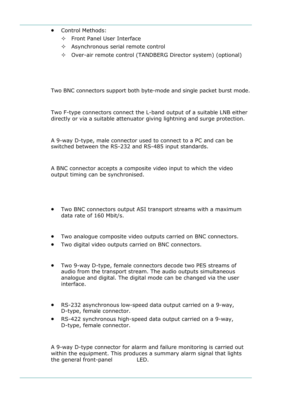 Inputs, Asi inputs (decoders), L-band inputs | Remote control, Frame synchronisation, Outputs, Transport stream outputs, Video outputs, Audio outputs, Data output | TANDBERG TT1260 User Manual | Page 16 / 158