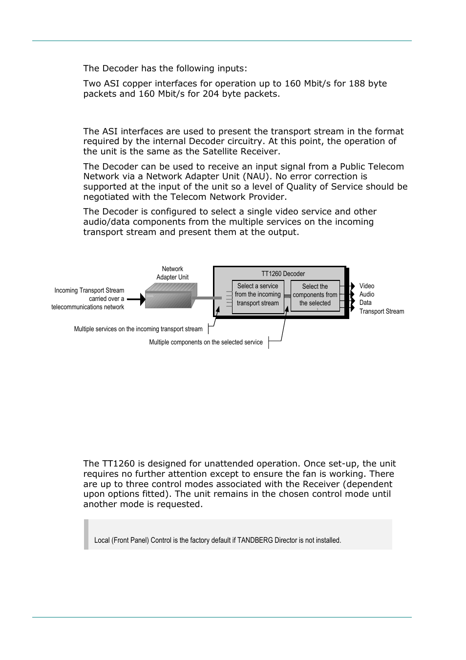 Input connections, What the decoder does, Tt1260 control modes | Introduction, 2 input connections, 3 what the decoder does, 1 introduction | TANDBERG TT1260 User Manual | Page 22 / 158