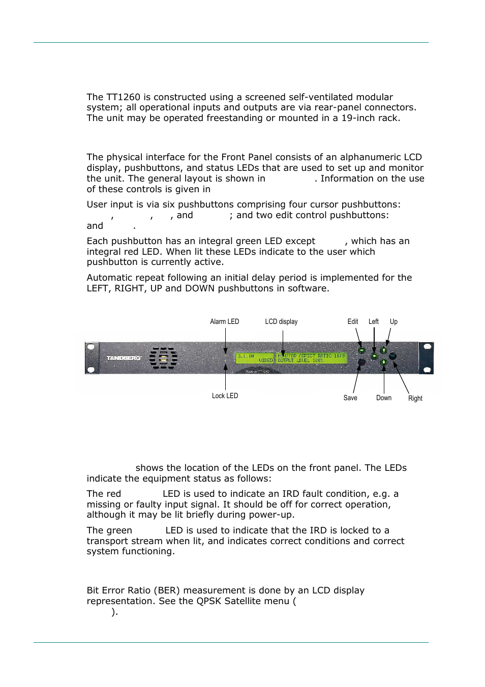 Guided tour, Construction, Front panel controls | Front panel leds, Bit error ratio measurement, 6 guided tour, 1 construction, 2 front panel controls, 3 front panel leds, 4 bit error ratio measurement | TANDBERG TT1260 User Manual | Page 24 / 158