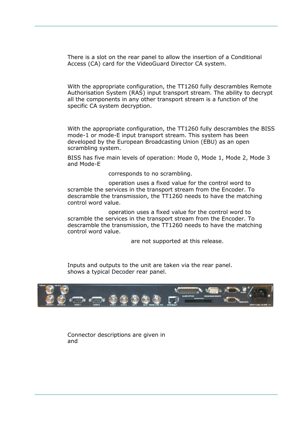Conditional access and scrambling options, Videoguard director, Remote authorisation system (ras 1) | Basic interoperable scrambling system (biss), Rear panel, 5 conditional access and scrambling options, 6 rear panel | TANDBERG TT1260 User Manual | Page 25 / 158