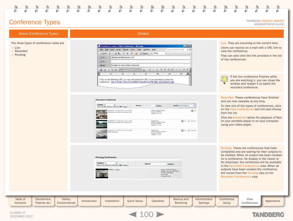 Conference types, About conference types, Details | About conference types details | TANDBERG S3 User Manual | Page 100 / 127