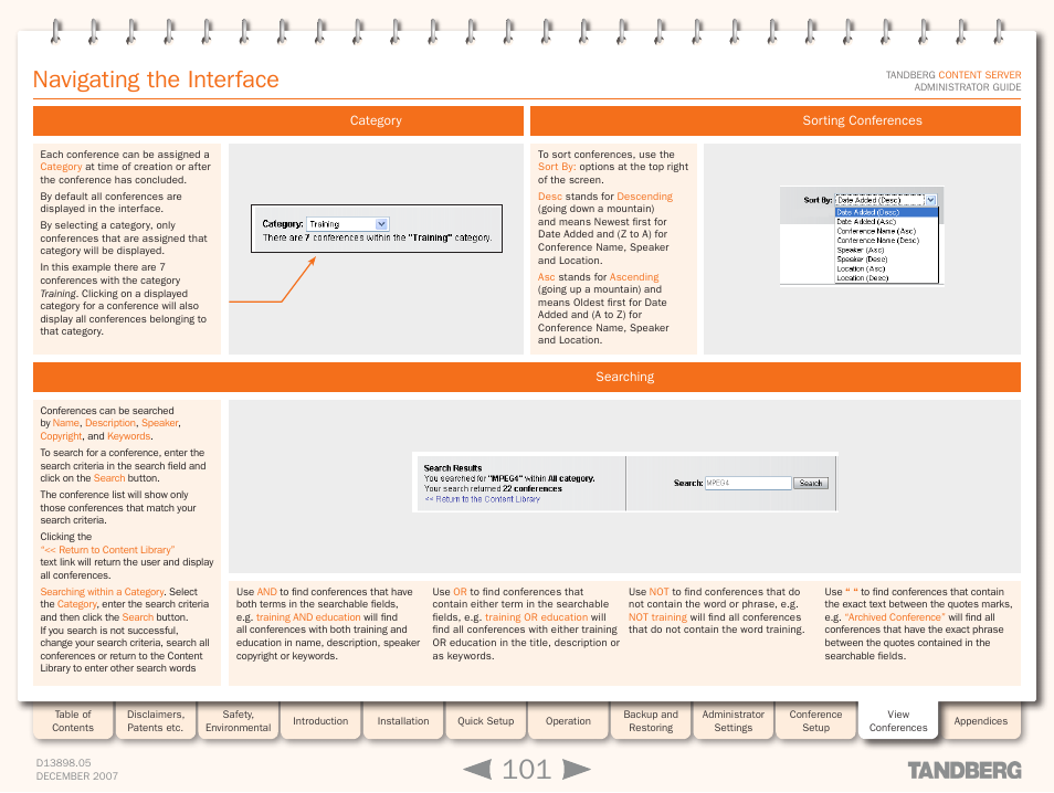 Navigating the interface, Category, Searching | Sorting conferences, Category searching sorting conferences | TANDBERG S3 User Manual | Page 101 / 127