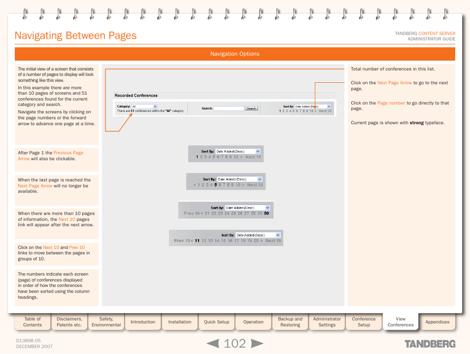 Navigation options, Navigating between pages | TANDBERG S3 User Manual | Page 102 / 127