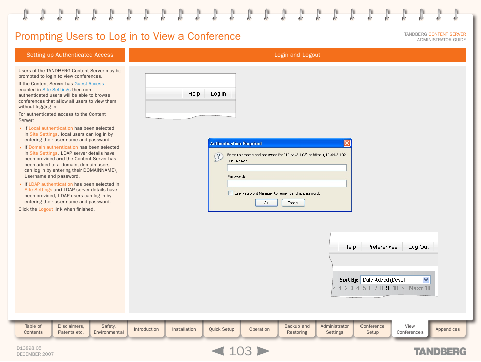 Prompting users to log in to view a conference, Setting up authenticated access, Login and logout | Setting up authenticated access login and logout | TANDBERG S3 User Manual | Page 103 / 127