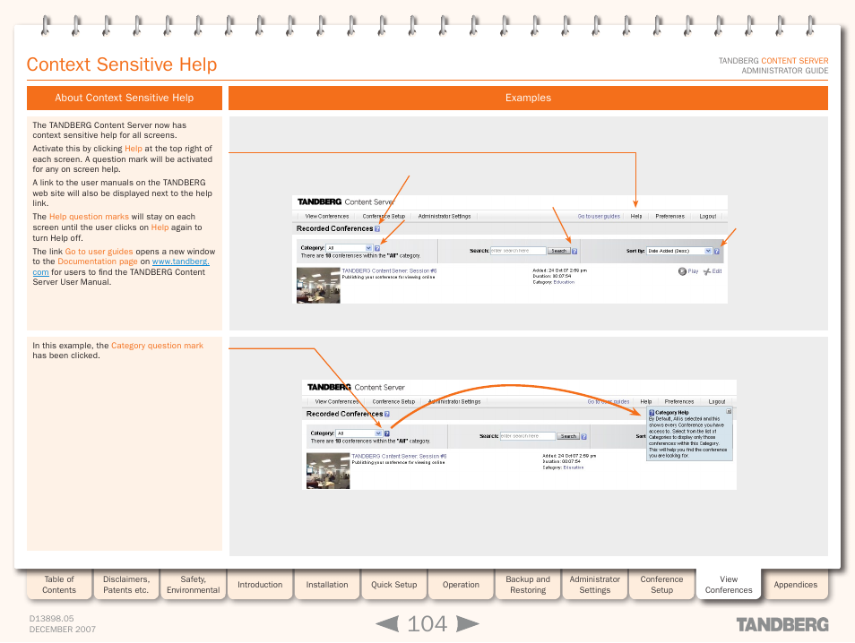 Context sensitive help, About context sensitive help, Examples | About context sensitive help examples | TANDBERG S3 User Manual | Page 104 / 127