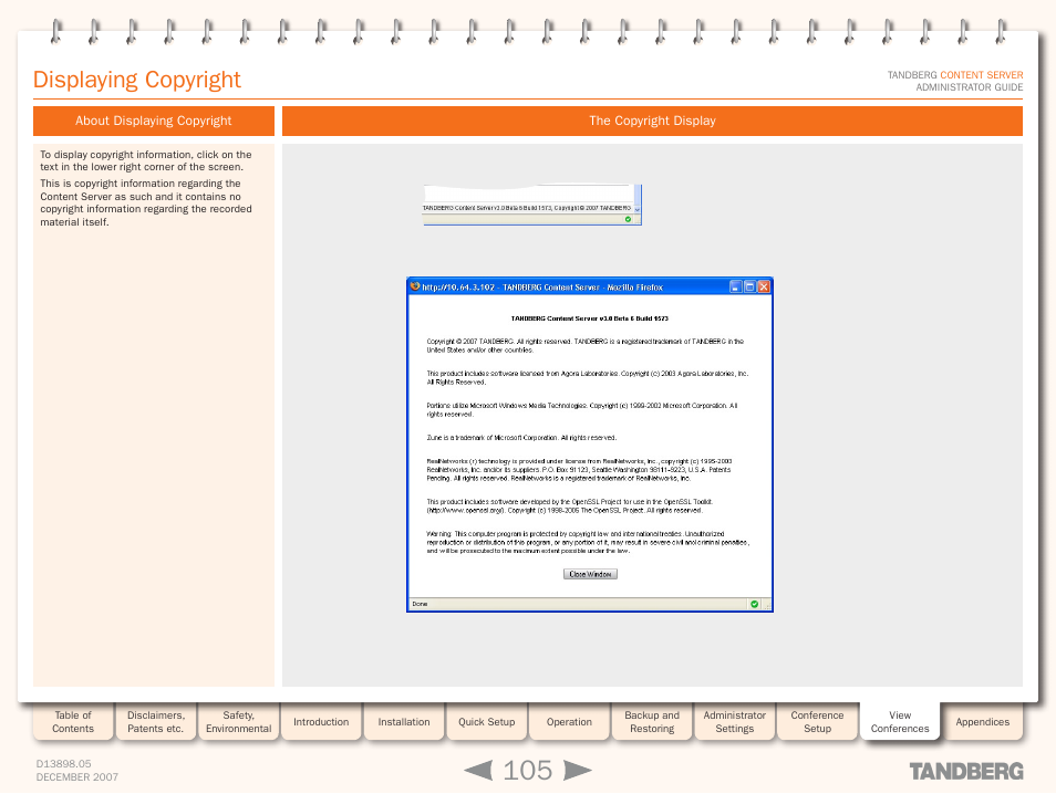 Displaying copyright, About displaying copyright, The copyright display | About displaying copyright the copyright display | TANDBERG S3 User Manual | Page 105 / 127