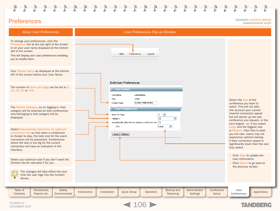 Preferences, About user preferences, User preferences pop-up window | TANDBERG S3 User Manual | Page 106 / 127