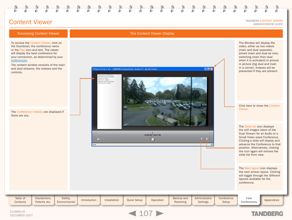 Content viewer, Accessing content viewer, The content viewer display | TANDBERG S3 User Manual | Page 107 / 127