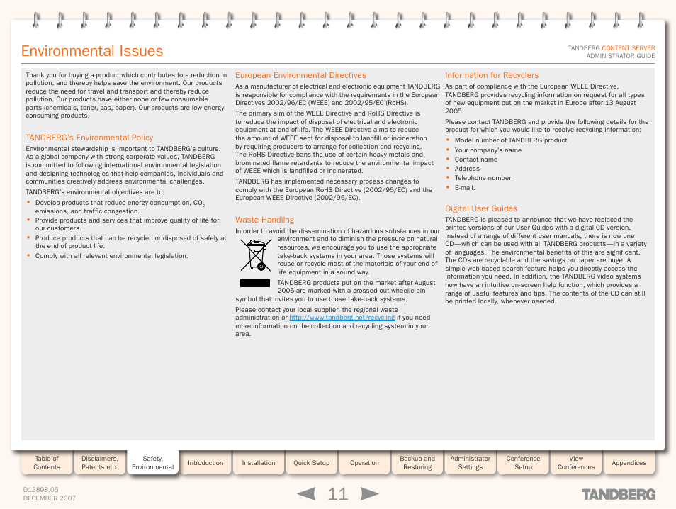 Environmental issues | TANDBERG S3 User Manual | Page 11 / 127