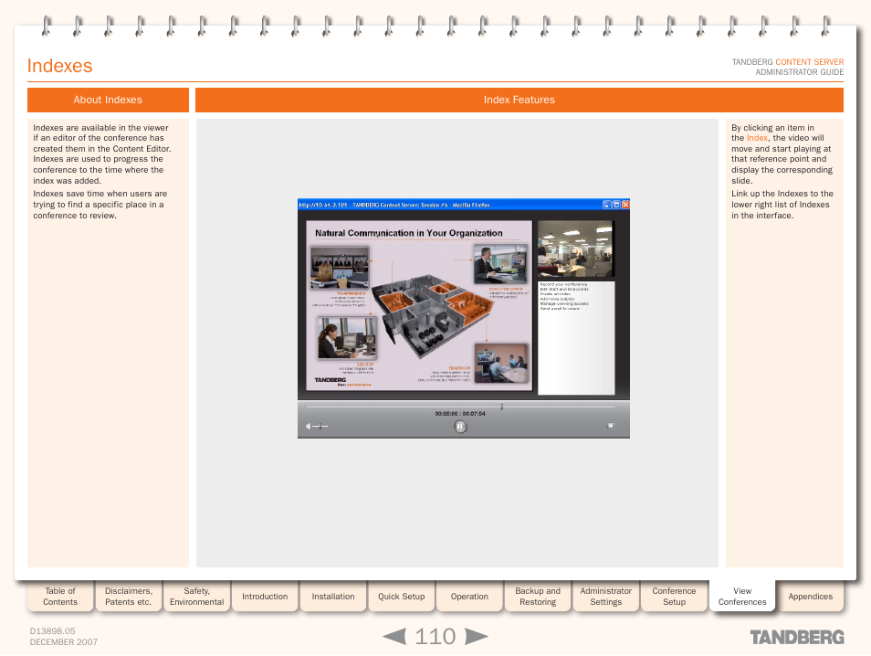 Indexes, About indexes, Index features | About indexes index features | TANDBERG S3 User Manual | Page 110 / 127