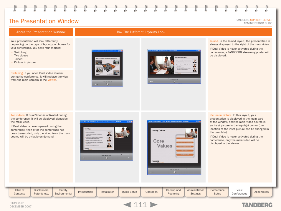 The presentation window, About the presentation window, How the different layouts look | Presentation, Window | TANDBERG S3 User Manual | Page 111 / 127