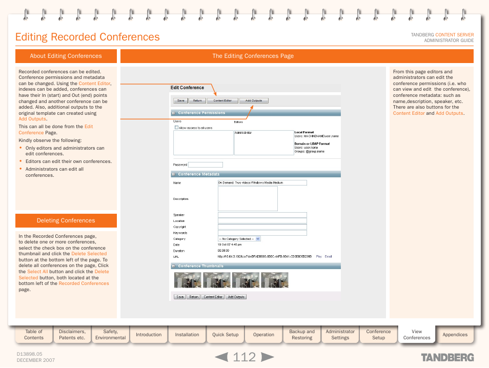 Editing recorded conferences, About editing conferences, Deleting conferences | TANDBERG S3 User Manual | Page 112 / 127