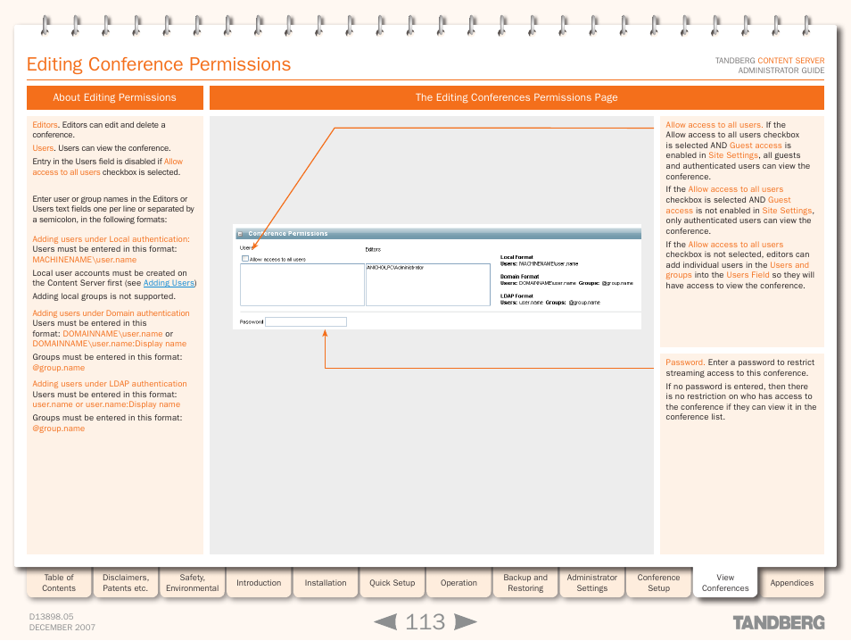 Editing conference permissions, About editing permissions | TANDBERG S3 User Manual | Page 113 / 127