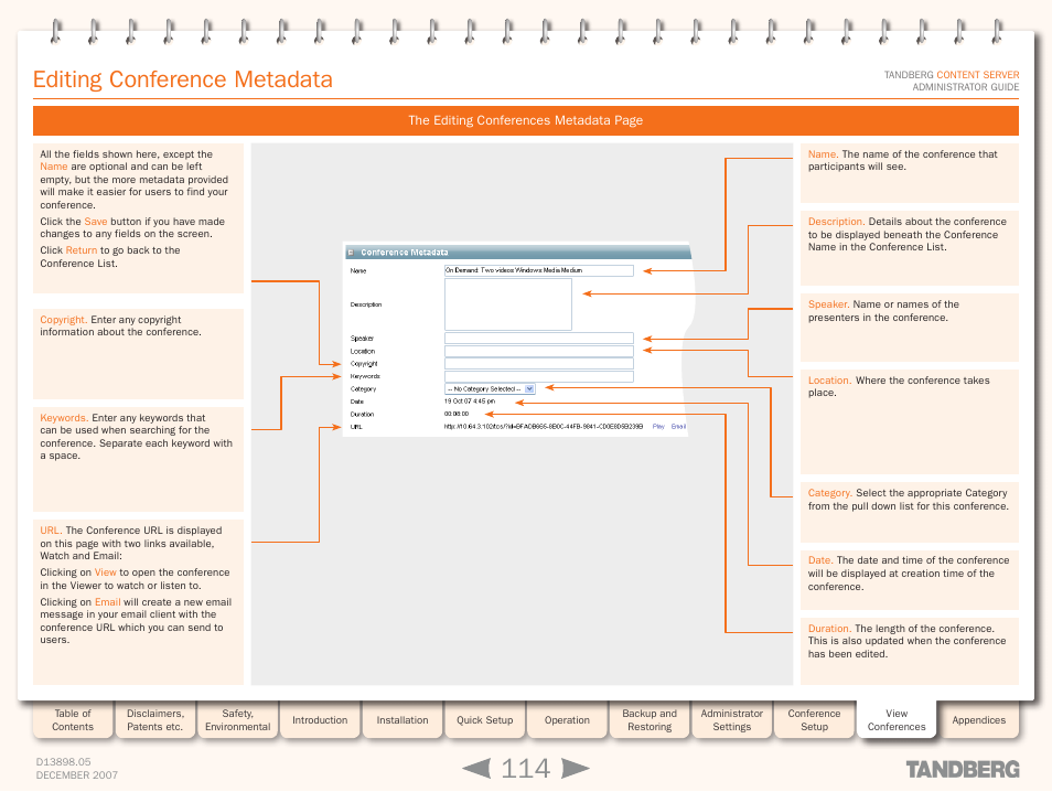 Editing conference metadata | TANDBERG S3 User Manual | Page 114 / 127