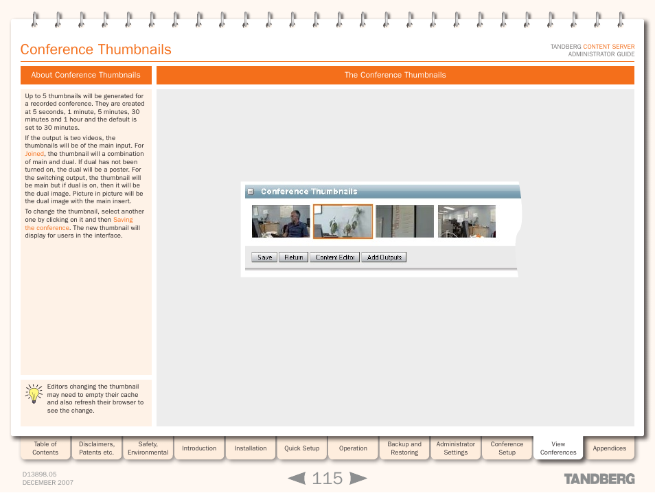 Conference thumbnails, About conference thumbnails, The conference thumbnails | TANDBERG S3 User Manual | Page 115 / 127