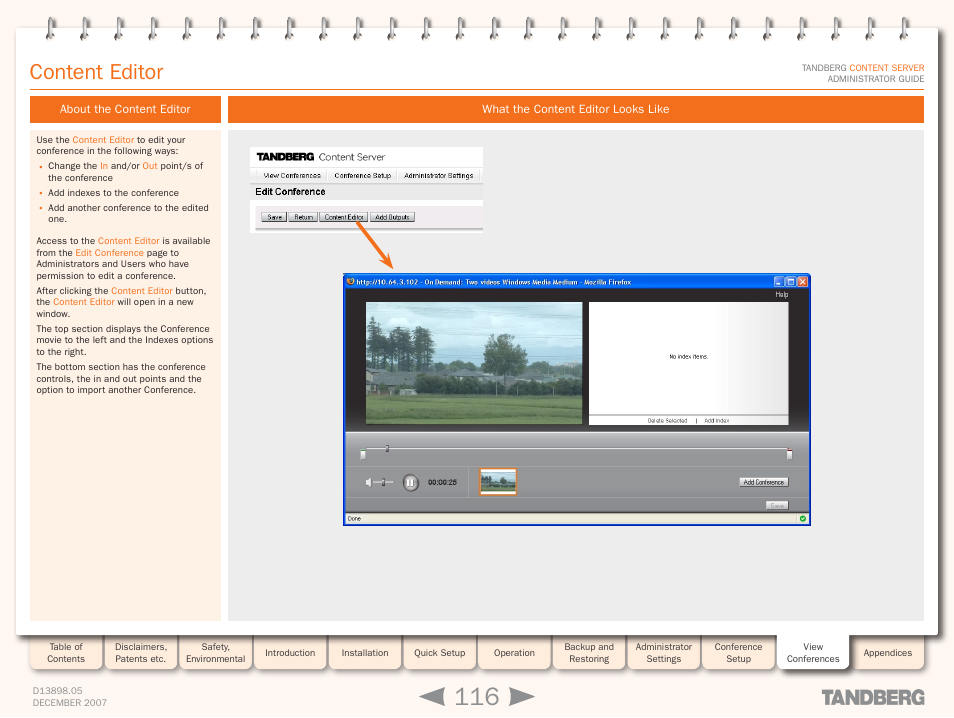 Content editor, About the content editor, What the content editor looks like | TANDBERG S3 User Manual | Page 116 / 127