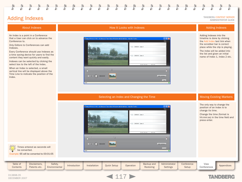 Adding indexes, About indexes, How it looks with indexes | Selecting an index and changing the time, Moving existing markers | TANDBERG S3 User Manual | Page 117 / 127