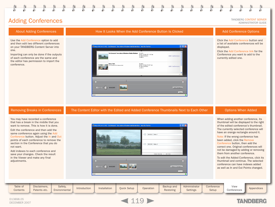 Adding conferences, About adding conferences, Removing breaks in conferences | Add conference options, Options when added | TANDBERG S3 User Manual | Page 119 / 127