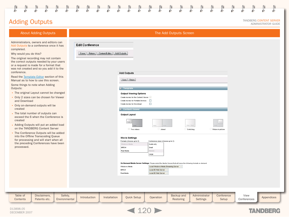 Adding outputs, About adding outputs, The add outputs screen | About adding outputs the add outputs screen | TANDBERG S3 User Manual | Page 120 / 127