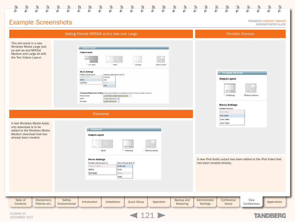 Example screenshots, Adding format mpeg4 and a new size large, Download | Portable devices | TANDBERG S3 User Manual | Page 121 / 127