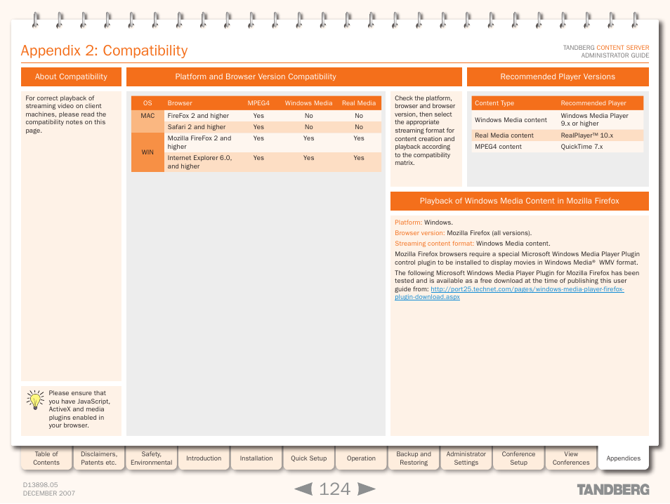 Appendix 2: compatibility, About compatibility, Platform and browser version compatibility | Recommended player versions | TANDBERG S3 User Manual | Page 124 / 127