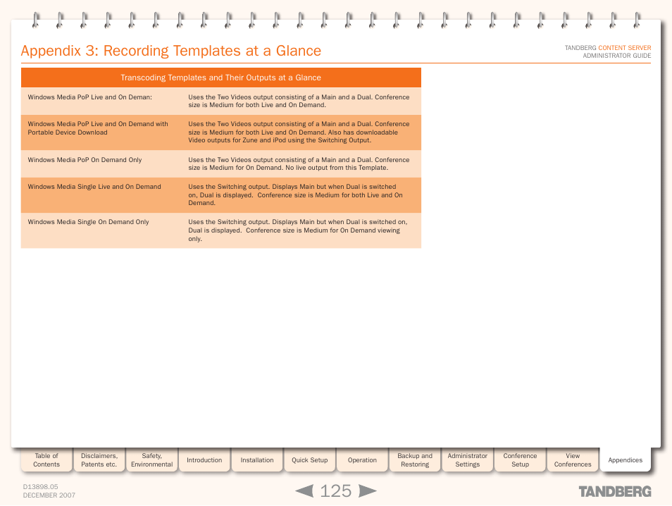 Appendix 3: recording templates at a glance, Recording templates at a glance | TANDBERG S3 User Manual | Page 125 / 127